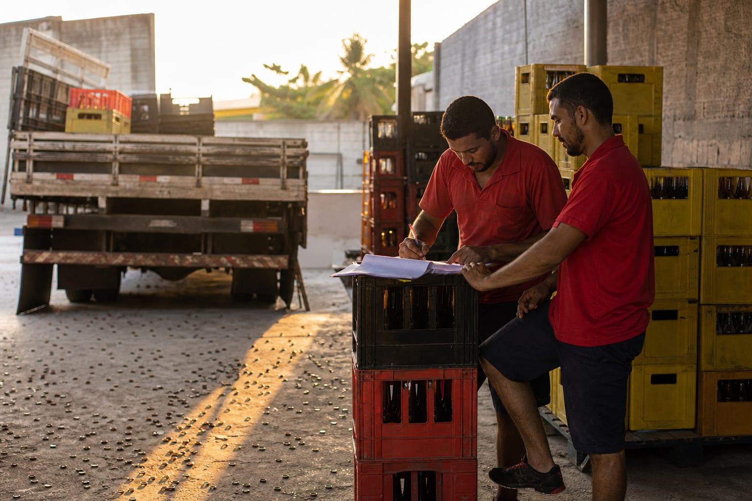 Entregadores conferindo canhotos apoiados no caminhão no pátio da distribuidora ao fim do dia