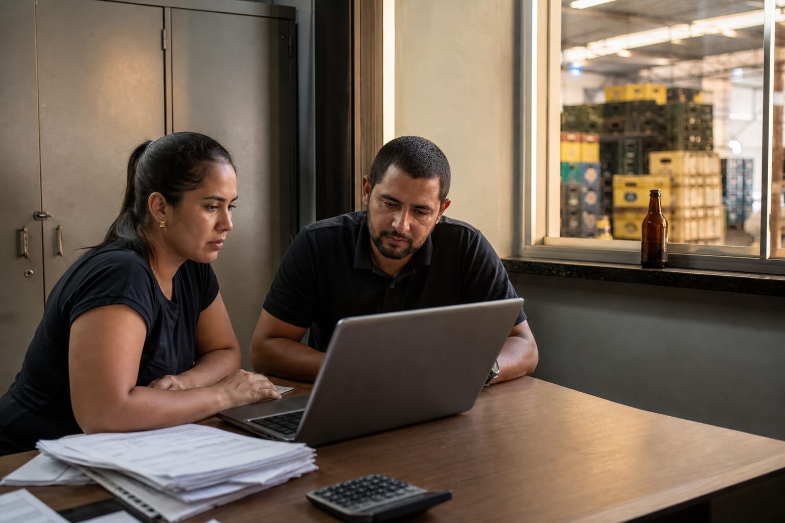 Gerente financeira e contador analisando extratos impressos e notebook em sala de escritório