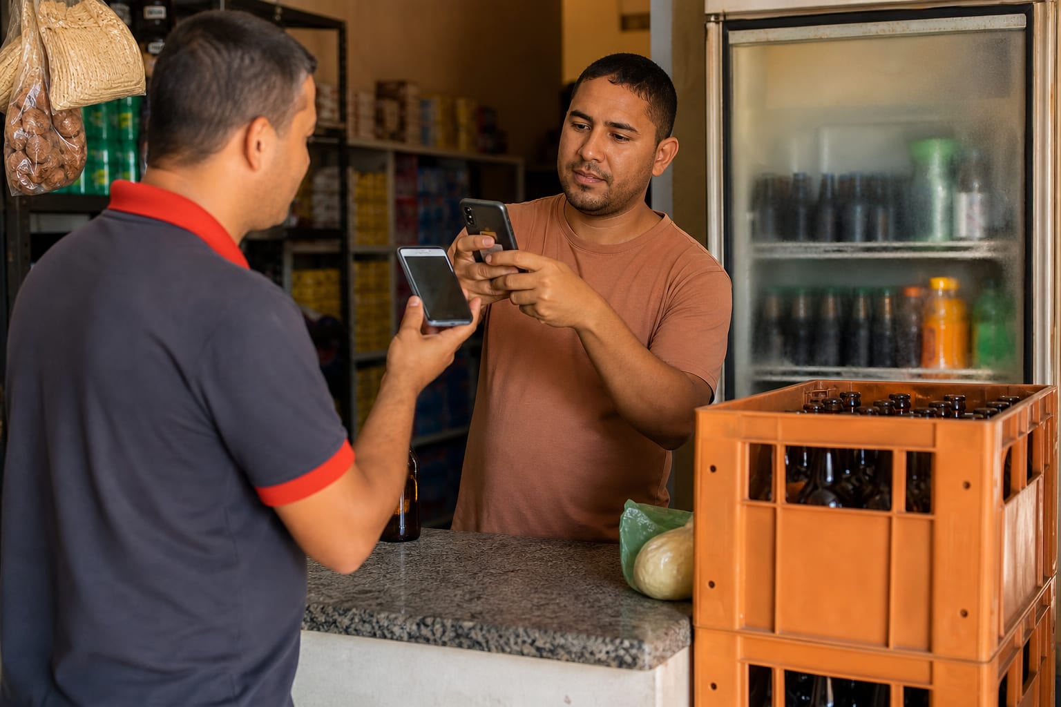 Representante e dono de mercadinho fazendo pagamento por celular no balcão, com caixas de bebidas ao lado