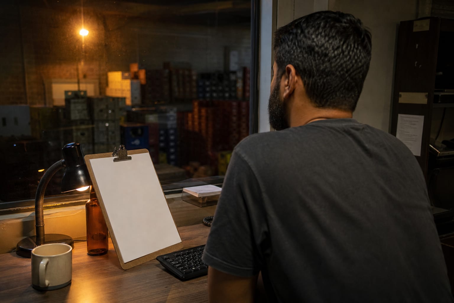 Prancheta com folha em branco sobre mesa de escritório de distribuidora ao fim do dia