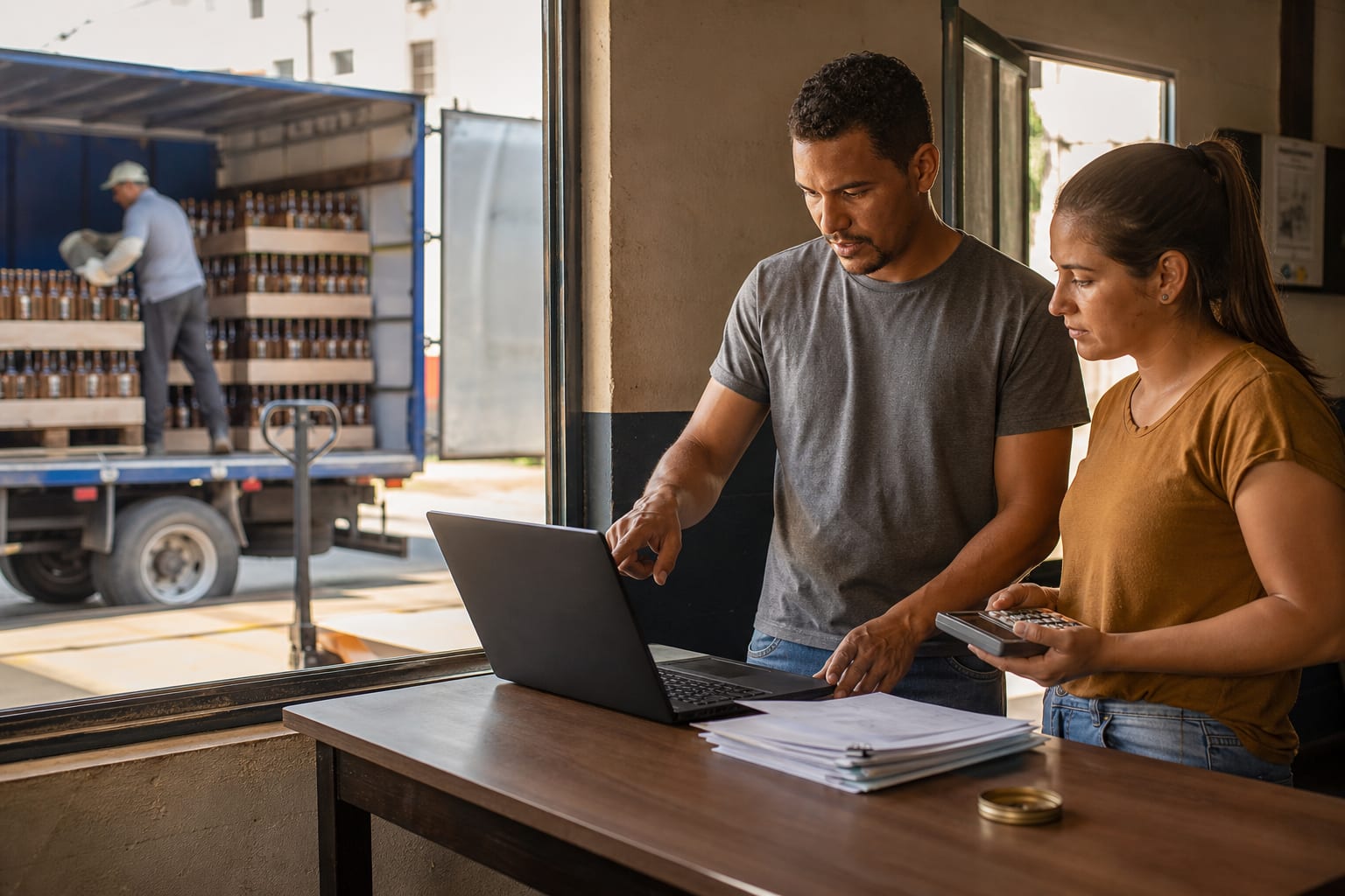 Sócio e gerente financeira discutindo números junto a um notebook no escritório da distribuidora
