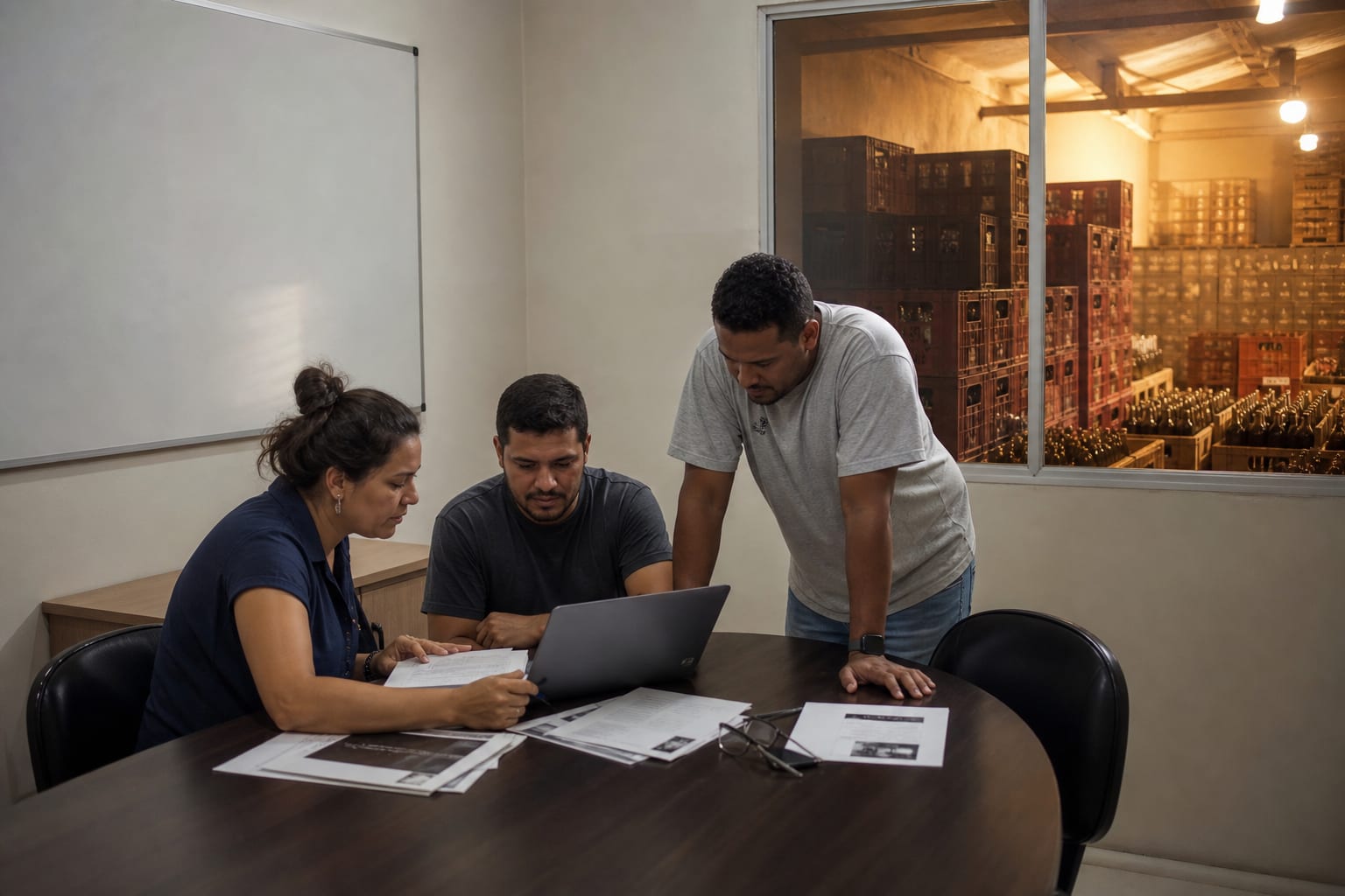 Três profissionais avaliando propostas de sistema em sala de reunião de distribuidora